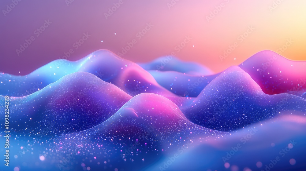 Poster molecule-like shapes composed of data particles, softly illuminated in gradient tones of blue and pu