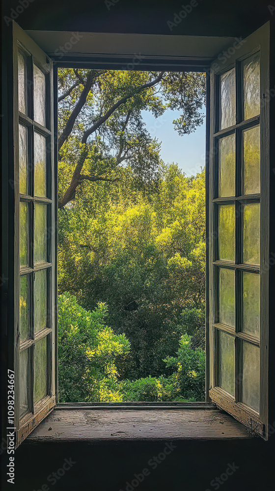 Poster view from an open window showcasing trees and greenery in bright sunlight