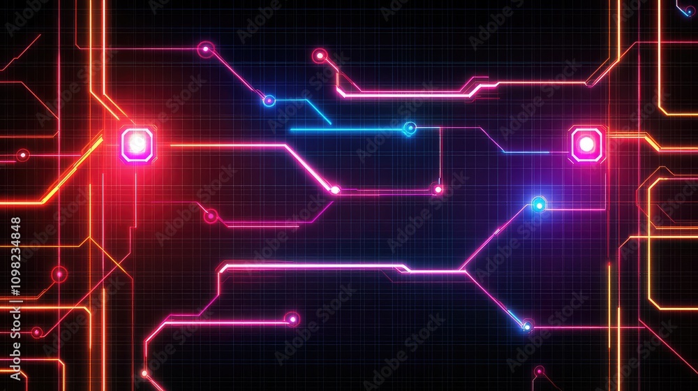 Poster neon data circuit lines forming a layered, holographic map against a dark metallic grid background