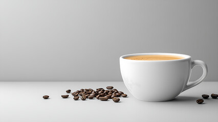 A white coffee cup with light brown coffee, and coffee beans scattered beside it,space for text.