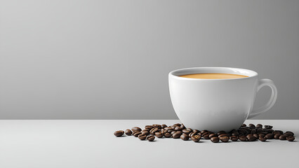 A white coffee cup with light brown coffee, and coffee beans scattered beside it,space for text.