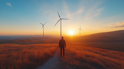 A person stands on a hilltop at sunset, with wind turbines in the background. Golden light and rolling hills.