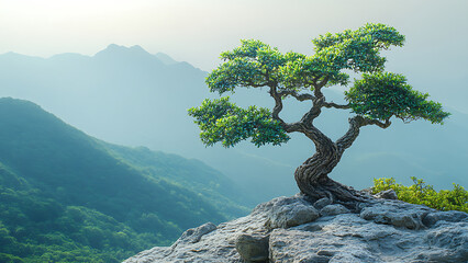 A small, lush tree sits atop a rocky mountain peak, with misty, green mountains in the background.