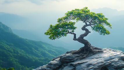 A small, lush tree sits atop a rocky mountain peak, with misty, green mountains in the background.