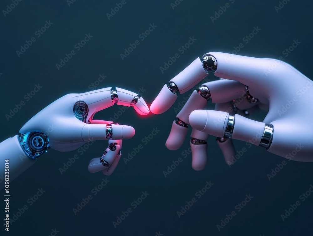 Poster futuristic robot hands creating a connection through touch.