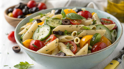 Colorful pasta salad with vegetables and fresh basil.