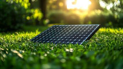 A dark-colored solar panel sits on green grass in a park-like setting.
