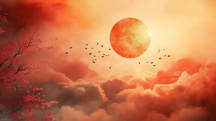 A large, reddish sun/moon above a landscape of hazy, orange clouds and mountains, with cherry blossoms and birds.