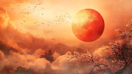 A large, reddish sun/moon above a landscape of hazy, orange clouds and mountains, with cherry blossoms and birds.
