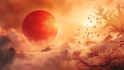 A large, reddish sun/moon above a landscape of hazy, orange clouds and mountains, with cherry blossoms and birds.