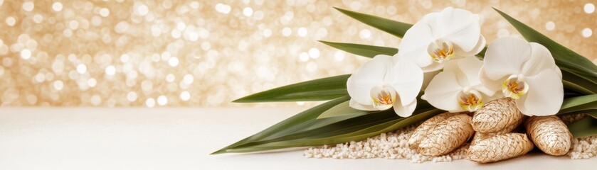Radiant golden elegance, a stunning white flower with lush green leaves on vibrant gold background