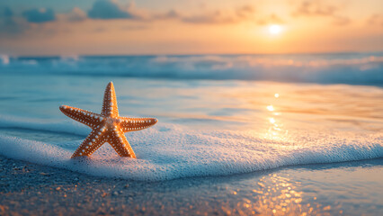 A starfish sits on a beach at sunset, with waves washing over the sand.