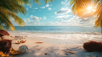 Tropical beach scene: palm trees, sandy shore, waves, and a bright sky.