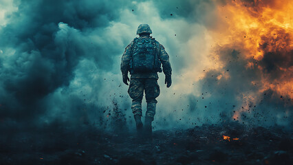 A soldier walks towards an explosion and smoke. A dark and dramatic scene.