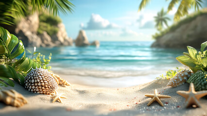A tropical beach scene with light blue water, sandy shore, palm trees, rocks, and seashells.