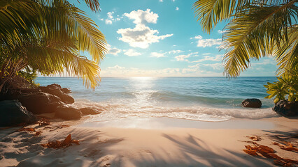 Tropical beach scene: palm trees, sandy shore, waves, and a bright sky.