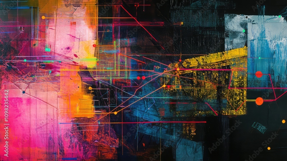 Poster neon data nodes and lines layered over textured, hand-painted canvas in contrasting colors