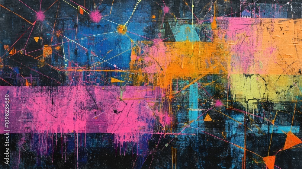 Poster neon data nodes and lines layered over textured, hand-painted canvas in contrasting colors