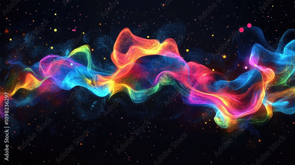 Poster neon particles dispersing in waves, creating a sense of digital flow across a dark, deep-space backg