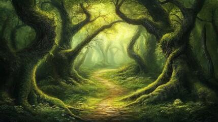 Obraz premium Enchanting Mossy Forest Path Leading to Sunlight