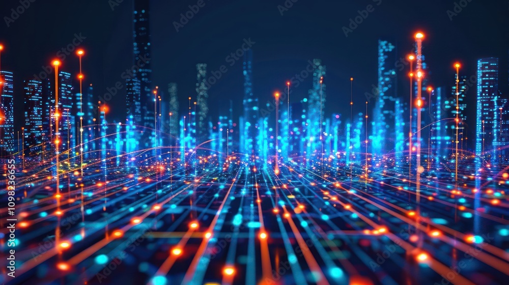 Poster a digital landscape with glowing lines and dots, representing data and technology.