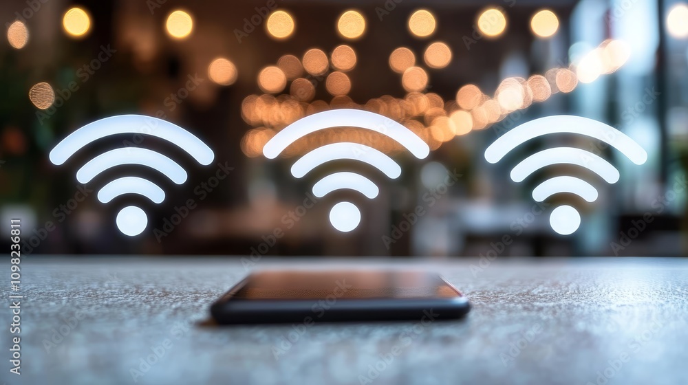 Poster closeup of smartphone displaying wifi signal strength indicator, wireless connectivity in the digita