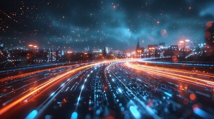 Obraz premium A dynamic cityscape with glowing light trails and a moody atmosphere.