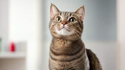 Obraz premium A curious tabby cat gazes thoughtfully, showcasing its expressive eyes and distinct striped fur, set against a softly blurred background.