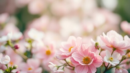 Obraz premium Soft Pink Blossoms Amidst a Field of Delicate Flowers in a Garden Setting