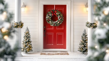 Festive front door decorated with a Christmas wreath and snow.