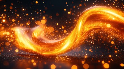 Naklejka premium Abstract glowing orange swirl with bokeh effect on black background.