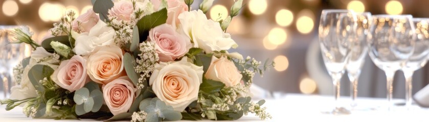 Obraz premium Elegant table setting with vibrant floral centerpiece and sparkling glasses, a sophisticated ambiance for dining celebrations