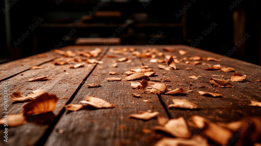 Poster A close-up view of a wooden table scattered with autumn leaves, capturing the beauty and texture of nature in a warm, rustic setting.