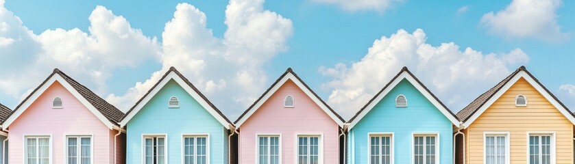 Colorful houses under a bright blue sky with fluffy clouds.