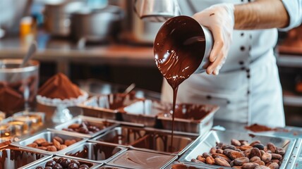 Master chocolatier skillfully pouring melted chocolate into molds for gourmet creations
