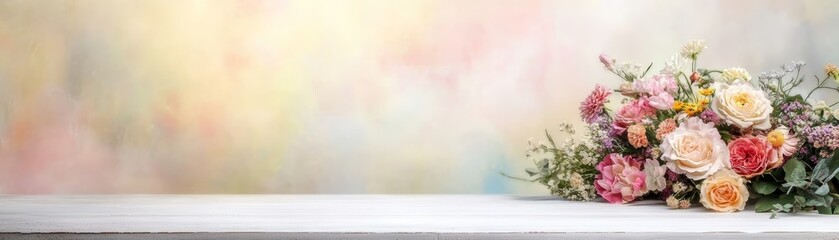 Elegant floral bouquet on rustic wooden table, a celebration of nature's vibrant beauty and freshness