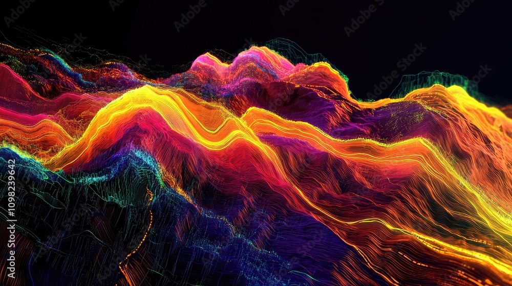 Poster neon-colored digital landscape with wave-like data lines moving in rhythmic, wavy patterns on a dark
