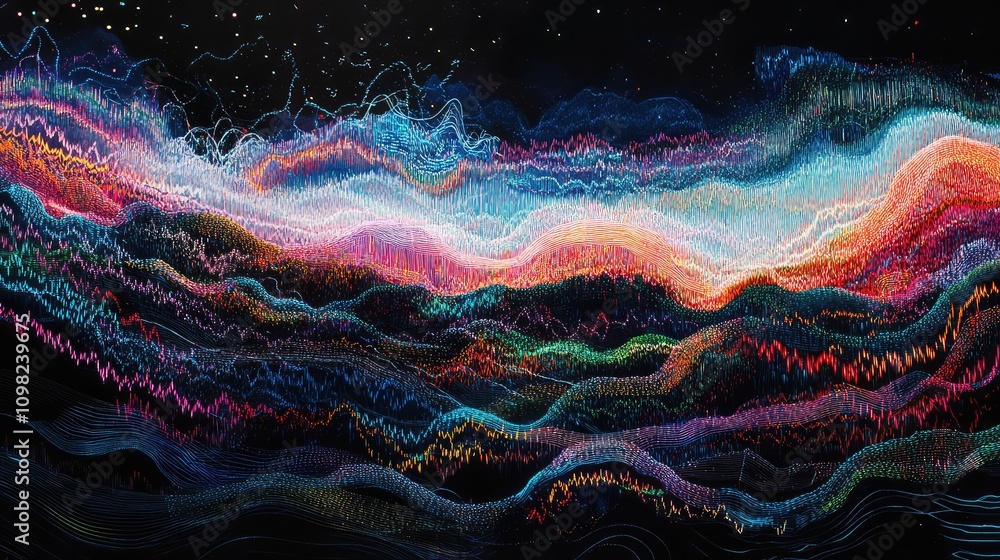 Poster neon-colored digital landscape with wave-like data lines moving in rhythmic, wavy patterns on a dark