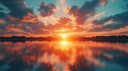 Naklejka premium Vivid sunset paints the sky and water with vibrant colors over a serene lake landscape