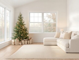 Naklejka premium Cozy Christmas Living Room with Decorated Tree and Sectional Sofa