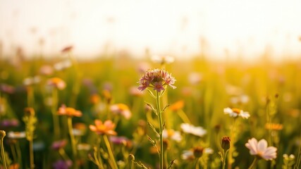Obraz premium A single pink flower blooms brightly in a field of blurred wildflowers, bathed in the golden light of a setting sun.