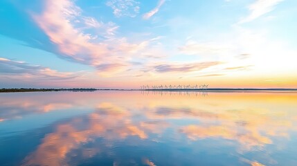 Fototapeta premium Serene View of a Wind Farm Reflecting in a Calm Lake at Sunset with Vibrant Colors and Tranquil Atmosphere Captured in a Gigapixel Format