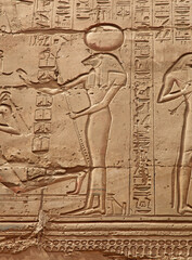 Detail of a wall relief showing the goddess Sekhmet, Karnak temple complex Luxor Egypt

