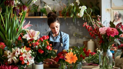 Fototapeta premium Dedicated florists skillfully crafting beautiful floral arrangements in a vibrant workshop 