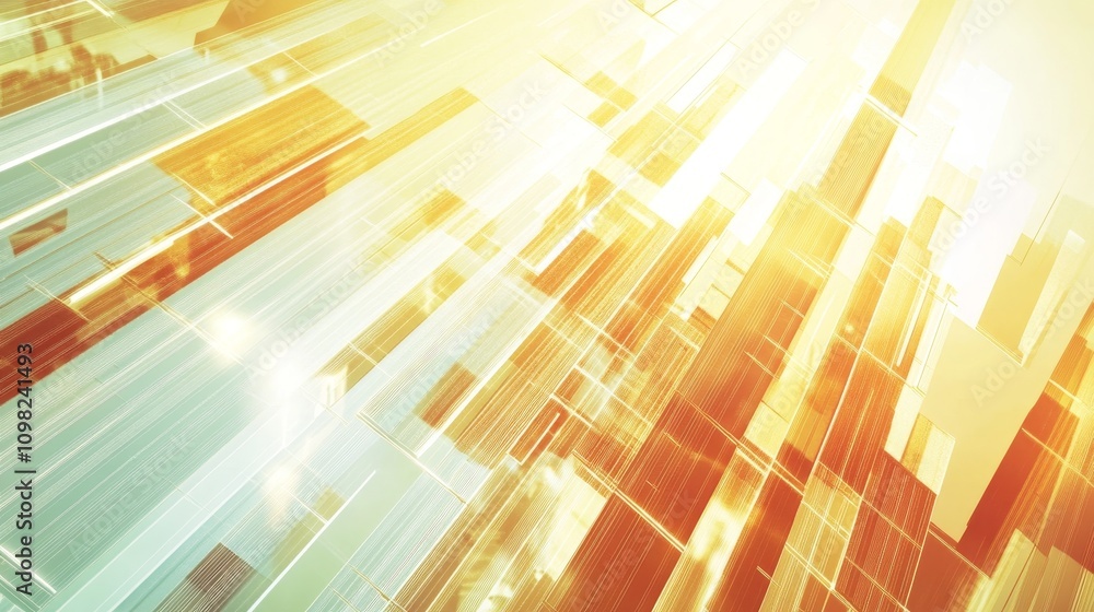Poster abstract light rays create a dynamic, futuristic background with a warm color palette.