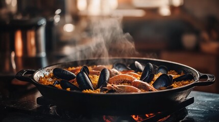 Artistic Close-ups of Traditional Spanish Paella with Seafood
