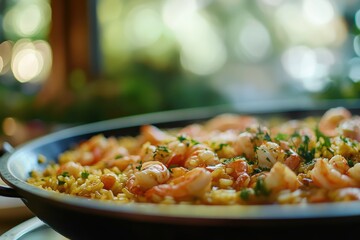 Artistic Close-ups of Traditional Spanish Paella with Seafood
