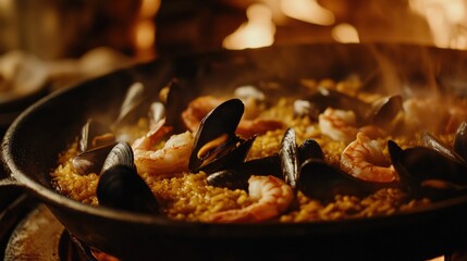 Artistic Close-ups of Traditional Spanish Paella with Seafood
