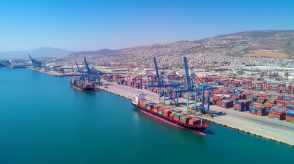 Naklejka premium Aerial view of a busy shipping port with containers and cranes along the waterfront.