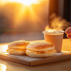 Sunrise Breakfast with Cheese Burgers and Coffee